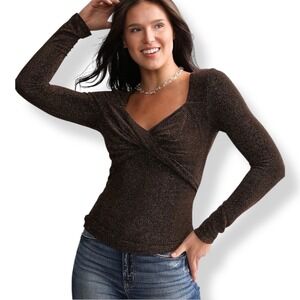 NEW RED By BKE Metallic Twist Long Sleeve Top Blouse Size L Party Concert Buckle